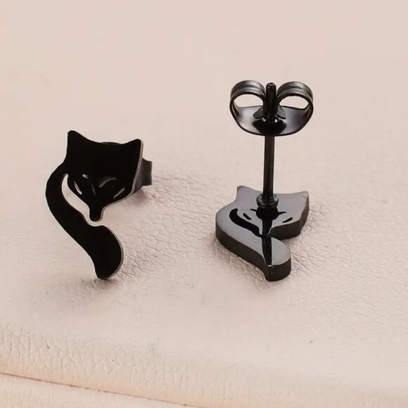 Curled Fox Face Stainless Steel Stud Earrings #1485 - Picture 7 of 8